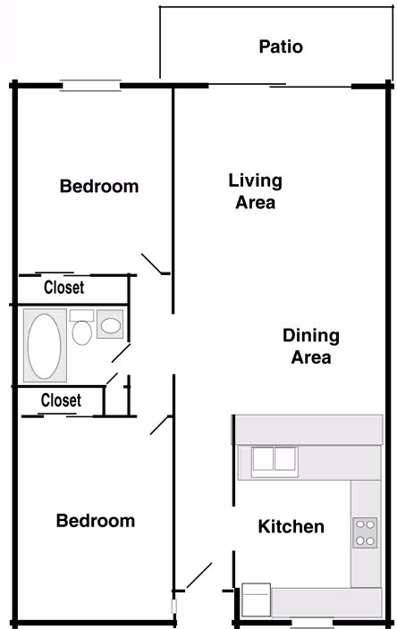 2 bedroom, 1 bath 215-2 floor plan